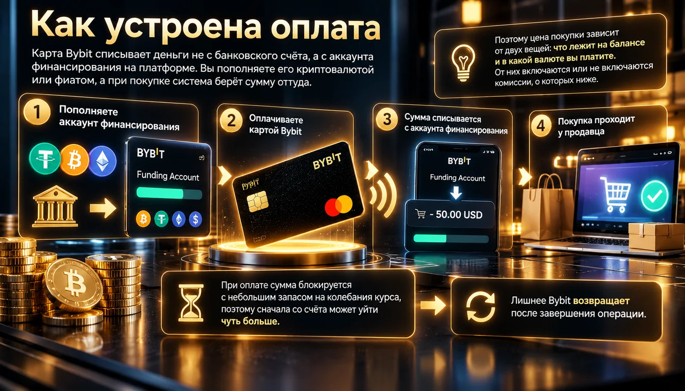 Как устроена оплата картой Bybit: пополнение аккаунта финансирования, оплата, списание, покупка